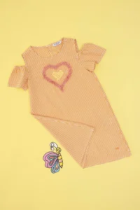 US Polo Assn. Girls' Orange Heart Embroidered Striped Shoulder Detailed Weaving Dress - Image 3