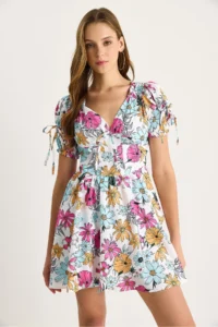 Bianco Lucci Women's Floral Patterned Bow Detailed Mini Dress 602 - Image 4