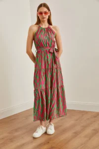 Olalook Women's Zebra Fuchsia Green Halter Neck Belted Woven Viscon Dress - Image 3