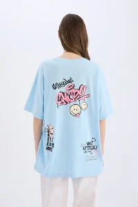 DeFacto SmileyWorld Oversize Wide Fit Crew Neck Back Printed Short Sleeve T-Shirt - Image 6