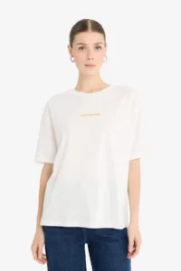 DeFacto 100% Cotton Relax Fit Crew Neck Applique Printed Combed Cotton T-Shirt - Image 3
