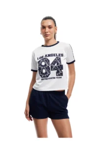 Koton Short Sleeve Crew Neck Striped Comfortable Fit Printed Sports T-Shirt - Image 2