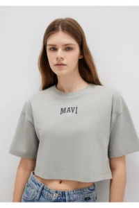 Mavi Logo Printed Gray Crop T-Shirt Crop / Short Cut 1613411-70112 - Image 2