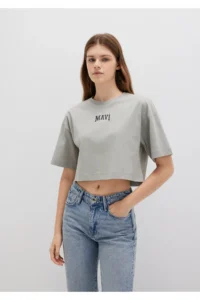 Mavi Logo Printed Gray Crop T-Shirt Crop / Short Cut 1613411-70112 - Image 3