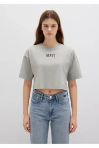 Mavi Logo Printed Gray Crop T-Shirt Crop / Short Cut 1613411-70112 - Image 4