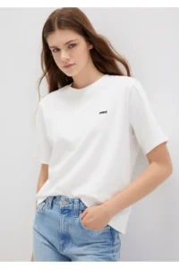 Mavi Mini Logo Printed Interlock Ecru Basic T-Shirt Regular Fit / Normal Cut 1612122-70057 - Image 3
