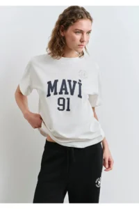 Mavi Logo Printed Ecru T-Shirt Loose Fit 1613333-70057