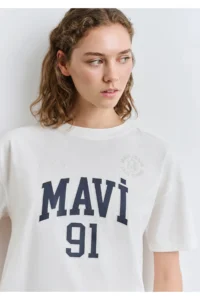 Mavi Logo Printed Ecru T-Shirt Loose Fit 1613333-70057 - Image 5
