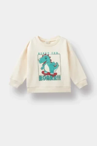 DeFacto E9230 Ecru Baby Boy Crew Neck Dinosaur Printed Soft Furry Sweatshirt