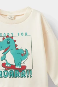 DeFacto E9230 Ecru Baby Boy Crew Neck Dinosaur Printed Soft Furry Sweatshirt - Image 2