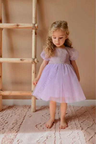 penu baby kids Purple Short Balloon Tulle Sleeve Detailed Tutu Tutu Baby Girl Dress