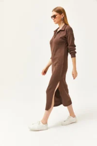 Olalook Women's Bitter Brown Polo Neck Slit and Raised Midi Dress - Image 4