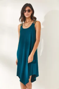 Olalook Women's Petrol Green Ethnic Strappy Asymmetrical Dress - Image 3