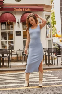 Bianco Lucci Women's Square Neck Slit Ribbed Camisole Dress