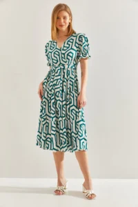 Bianco Lucci Women's Double Breasted Collar Elastic Waist Belted Flared Dress - Image 4