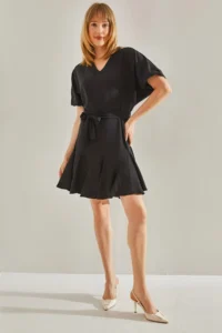 Bianco Lucci Women's Black Ruffle Detailed V-Neck Belted Dress