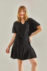 Bianco Lucci Women's Black Ruffle Detailed V-Neck Belted Dress - Image 2