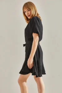 Bianco Lucci Women's Black Ruffle Detailed V-Neck Belted Dress - Image 3