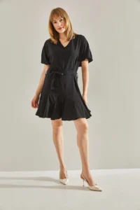 Bianco Lucci Women's Black Ruffle Detailed V-Neck Belted Dress - Image 4