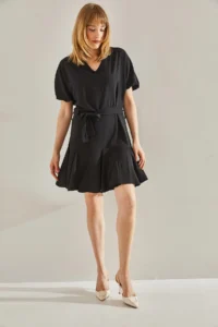 Bianco Lucci Women's Black Ruffle Detailed V-Neck Belted Dress - Image 5