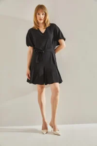 Bianco Lucci Women's Black Ruffle Detailed V-Neck Belted Dress - Image 6