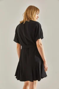 Bianco Lucci Women's Black Ruffle Detailed V-Neck Belted Dress - Image 7