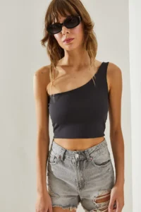 Bianco Lucci Women One Shoulder Sleeveless Crop Tank Top - Image 2
