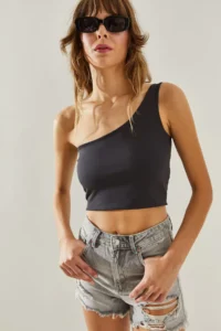 Bianco Lucci Women One Shoulder Sleeveless Crop Tank Top - Image 3