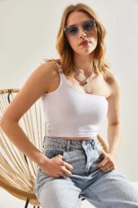 Bianco Lucci Women One Shoulder Sleeveless Crop Tank Top - Image 3