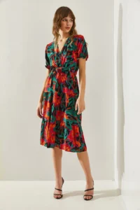 Bianco Lucci Women's Double Breasted Belted Short Sleeve Belted Patterned Viscose Dress 5928 - Image 2