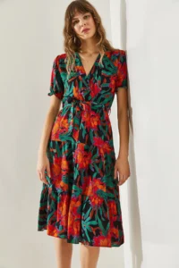 Bianco Lucci Women's Double Breasted Belted Short Sleeve Belted Patterned Viscose Dress 5928 - Image 3