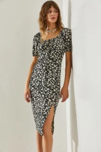 Bianco Lucci Women's Tie-Front Watermelon Sleeve Daisy Patterned Slit Detailed Dress - Image 5