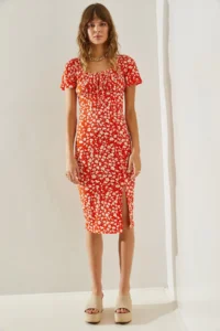 Bianco Lucci Women's Tie-Front Watermelon Sleeve Daisy Patterned Slit Detailed Dress - Image 2