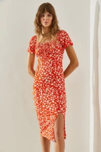 Bianco Lucci Women's Tie-Front Watermelon Sleeve Daisy Patterned Slit Detailed Dress - Image 3