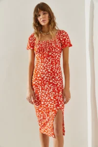 Bianco Lucci Women's Tie-Front Watermelon Sleeve Daisy Patterned Slit Detailed Dress - Image 4