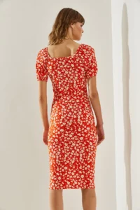 Bianco Lucci Women's Tie-Front Watermelon Sleeve Daisy Patterned Slit Detailed Dress - Image 5