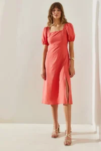Bianco Lucci Women's Square Collar Back Tie Detail Slit Linen 35174 Dress - Image 2