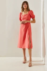 Bianco Lucci Women's Square Collar Back Tie Detail Slit Linen 35174 Dress - Image 3