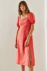 Bianco Lucci Women's Square Collar Back Tie Detail Slit Linen 35174 Dress - Image 4