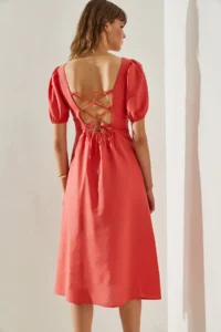 Bianco Lucci Women's Square Collar Back Tie Detail Slit Linen 35174 Dress - Image 6