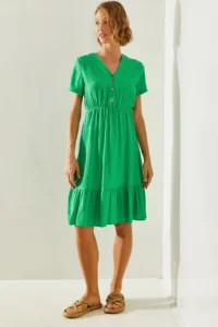 Bianco Lucci Women's V-Neck Muslin Fabric Short Sleeve Basic Dress 2282