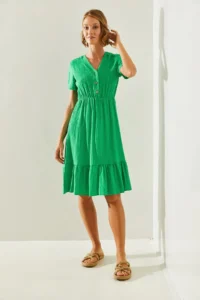 Bianco Lucci Women's V-Neck Muslin Fabric Short Sleeve Basic Dress 2282 - Image 2