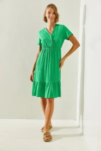 Bianco Lucci Women's V-Neck Muslin Fabric Short Sleeve Basic Dress 2282 - Image 3