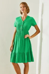 Bianco Lucci Women's V-Neck Muslin Fabric Short Sleeve Basic Dress 2282 - Image 4