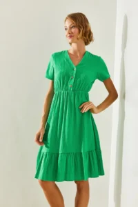 Bianco Lucci Women's V-Neck Muslin Fabric Short Sleeve Basic Dress 2282 - Image 5