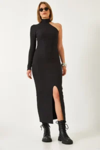 Bianco Lucci Women's Turtleneck One Sleeve Ottoman Fabric Slit Dress 371