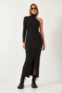 Bianco Lucci Women's Turtleneck One Sleeve Ottoman Fabric Slit Dress 371 - Image 3