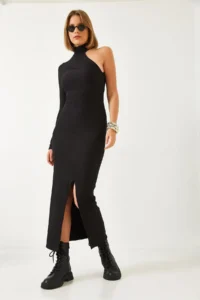 Bianco Lucci Women's Turtleneck One Sleeve Ottoman Fabric Slit Dress 371 - Image 4