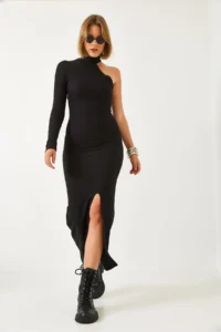 Bianco Lucci Women's Turtleneck One Sleeve Ottoman Fabric Slit Dress 371 - Image 5