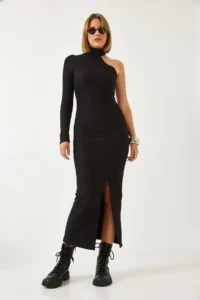 Bianco Lucci Women's Turtleneck One Sleeve Ottoman Fabric Slit Dress 371 - Image 6